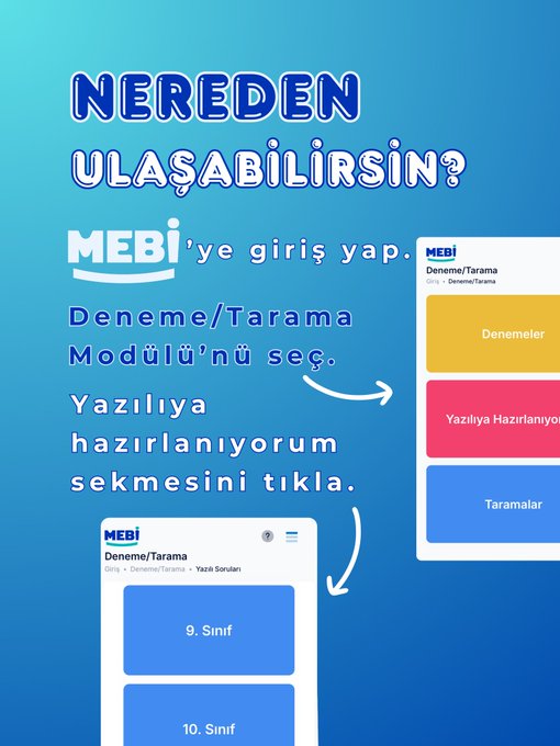 First image shows a teenage girl with glasses ponytail wearing hoodie sitting at desk with laptop open books and papers studying focused on screen with blue text overlay Yazılıya Hazırlık MEBIde indicating first semester first written exam sample questions are ready. Second image features blue background with text Nereden Ulaşabilirsin explaining access via MEBI login selecting exam module clicking preparation section showing app screenshots for semesters and classes. Third image displays multiple screenshots of digital exam interface including question views graphs and MEBI branding for viewing sample questions. Fourth image depicts a teenage boy with glasses wearing hoodie at desk with laptop holding paper smiling as he solves problems with text overlay Nasıl Çözebilirsin explaining digital solving or printing in practice environment.