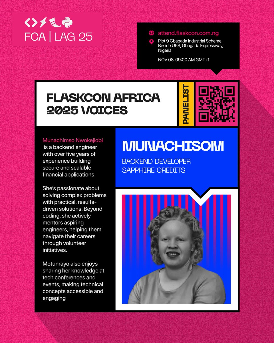 FlaskconAfrica's tweet image. Another powerful voice joins our lineup!
Munachisom Nwokejiobi will be a part of the #FlaskConAfrica2025 panel!
#FCA25 #Python #Flask #TechInLagos #WomenInTech