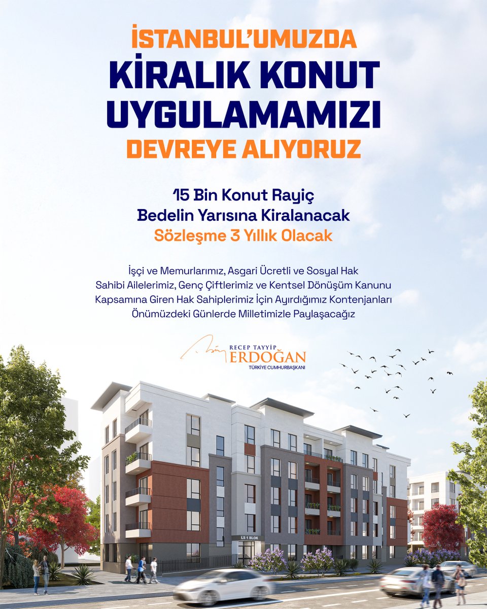 Şimdilik sadece İstanbul’umuzda uygulanacak model ile TOKİ eliyle kiralama sistemini kuruyoruz. İnşallah böylece İstanbul’daki fahiş kira sorununa ilk neşteri vurmuş olacağız.

Bunun dışında da fahiş kira sorunuyla mücadelemiz sürecek.