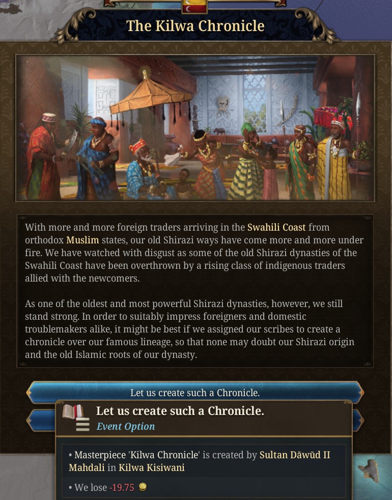 nekotei_m's tweet image. #EU5 #ProjectCaesar
Tinto Flavour#45はキルワ、ジンバブエ固有コンテンツの紹介
forum.paradoxplaza.com/forum/develope…

◎キルワ
■歴史的背景
‣10世紀の半ば頃、ペルシアのシーラーズから脱出した王子のひとりがキルワ島に漂着し、王国を興したという伝承が16世紀のキルワ年代記に綴られている…