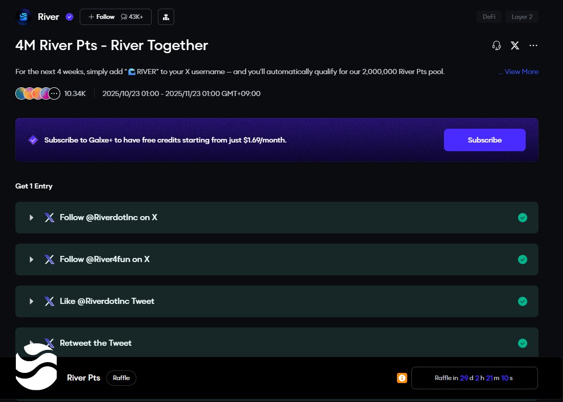 web3yunye's tweet image. 每天一篇： @River4fun 
银河出的活动大家一定要参加，
链接🔗app.galxe.com/quest/River/GC…
时间：10.23-11.23 一个月的时间
每周进行快照抽奖，中奖直接领取！
每周分发100万 River Points
需要注意的是：推特账户名称需要包含“🌊RIVER ”（每周快照一次，在快照前删除无奖励）

$RiverPts @RiverdotInc…