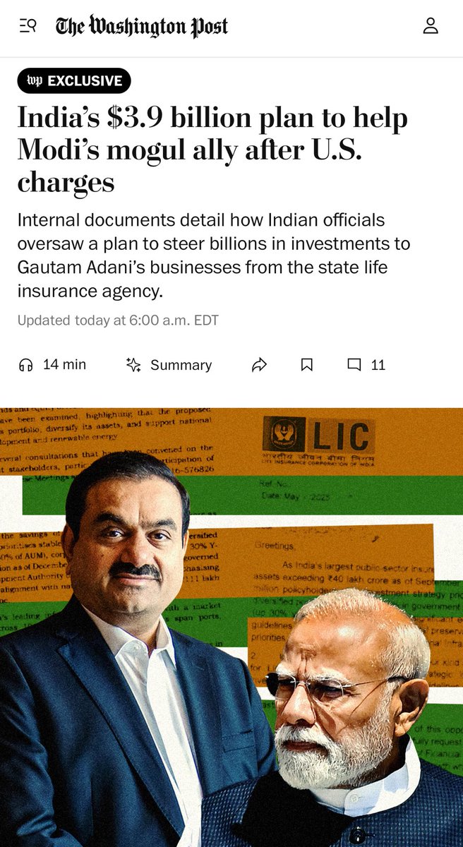 Washington Post reports Modi pushed through a proposal in May to invest 
$3.9 billion of our LIC funds in Adani’s risky businesses! 

LIC is meant to provide life insurance to poor and rural families, not save a crony! 

Our LIC policies are now threatened and bonus endangered.