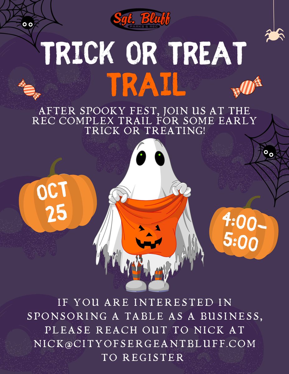 A huge thank you to all of our Trick-or-Treat Trail sponsors!

We invite the community to join us tomorrow night at the rec complex trail for some early trick-or-treating! 🎃🍭