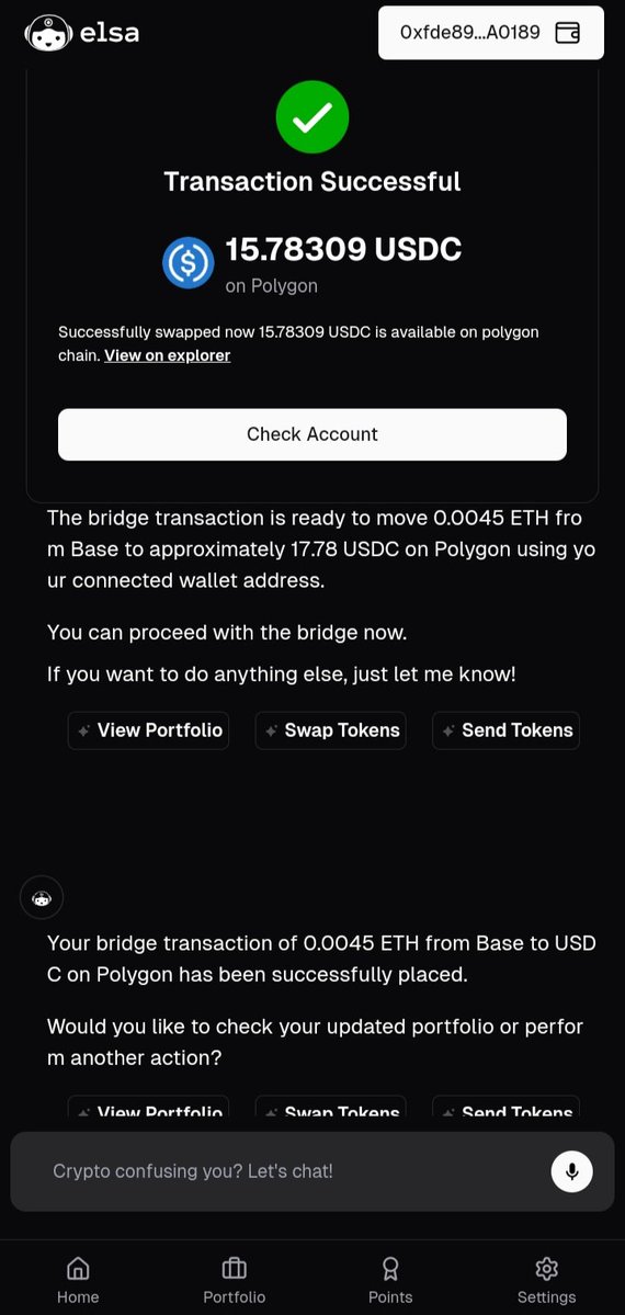 LuaInk's tweet image. Day 1 with @HeyElsaAI &  I’m already impressed. I showed up completely new to crypto, squinting at Base like it was some sci-fi gadget. Then I said, “HeyElsa swap 15.78 USDC on Polygon” and boom done. just like messaging a friend. No menus, no confusion, just voice command and…