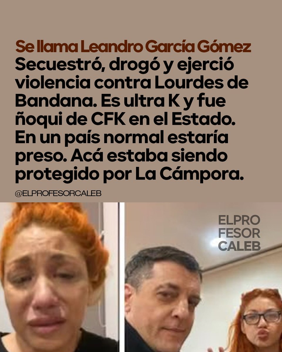 elprofesorcaleb's tweet image. Leandro García Gómez tenía secuestrada, drogada y usaba a Lourdes como bolsa de boxeo. Además es ultra K, fue ñoqui en el Estado, y creó la agrupación "La Nestor Kirchner". ¿Cuándo es la marcha de las feministas por Lourdes? ¿O no van a decir nada porque él es de izquierda?