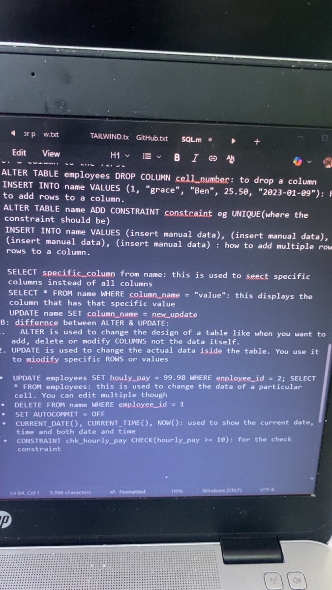 chillwCeCe's tweet image. Day 2 of learning SQL using mySQL workbench 
• Did a revision on what I learnt previously 
• Learnt about ALTER &amp; UPDATE and knew their differences 
• Learnt about Auto commits, Rollbacks &amp; commit.
• Learnt about UNIQUE constraints
• Learnt about DEFAULT constraints