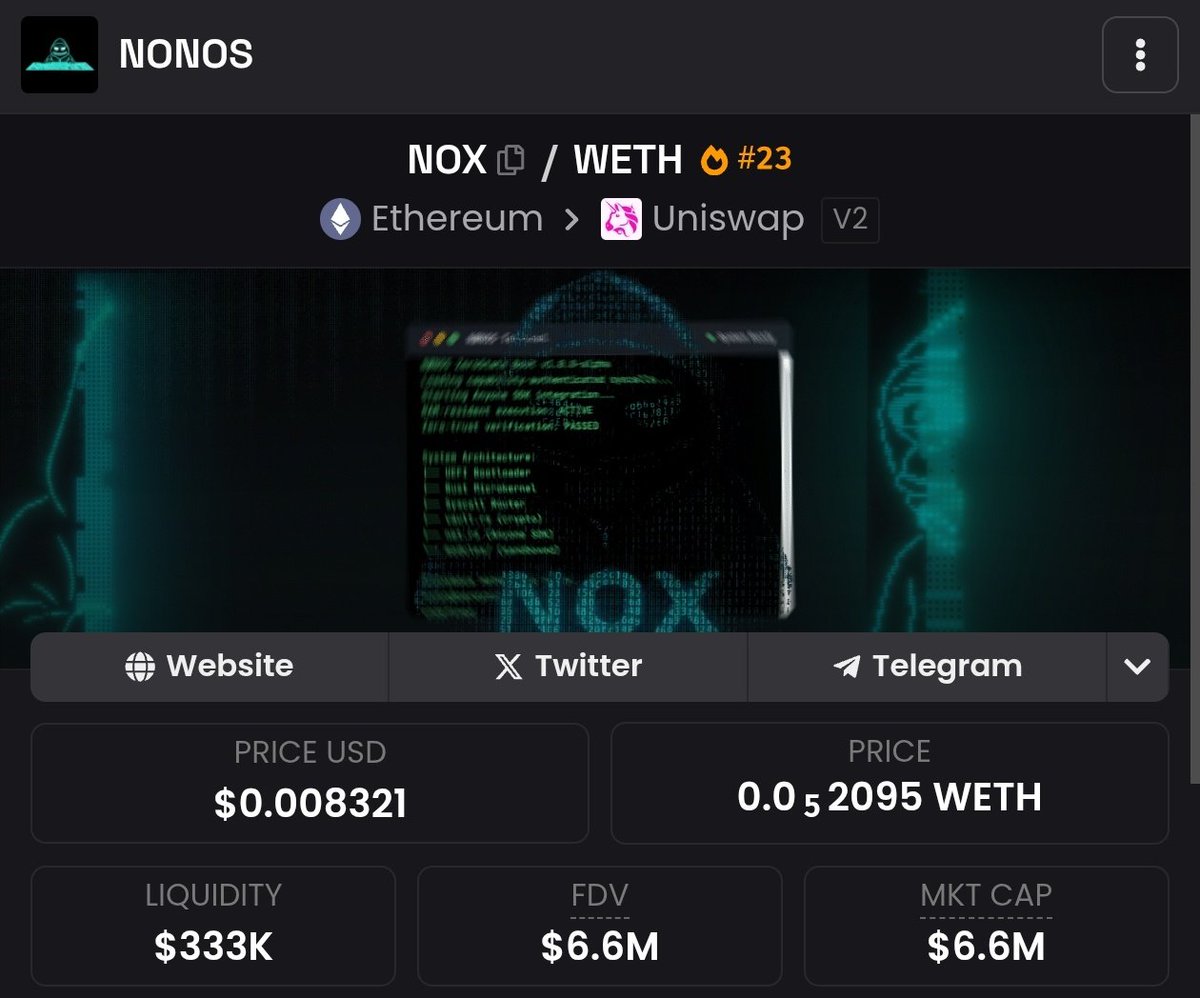 cryptoo_alice's tweet image. $NOX
@nonossystems is designed from the ground up to power the next generation of AI inference nodes and decentralized physical infrastructure. It delivers privacy, security, and modularity by design.
If you're looking for a Utility project on Ethereum, you must check $NOX .…