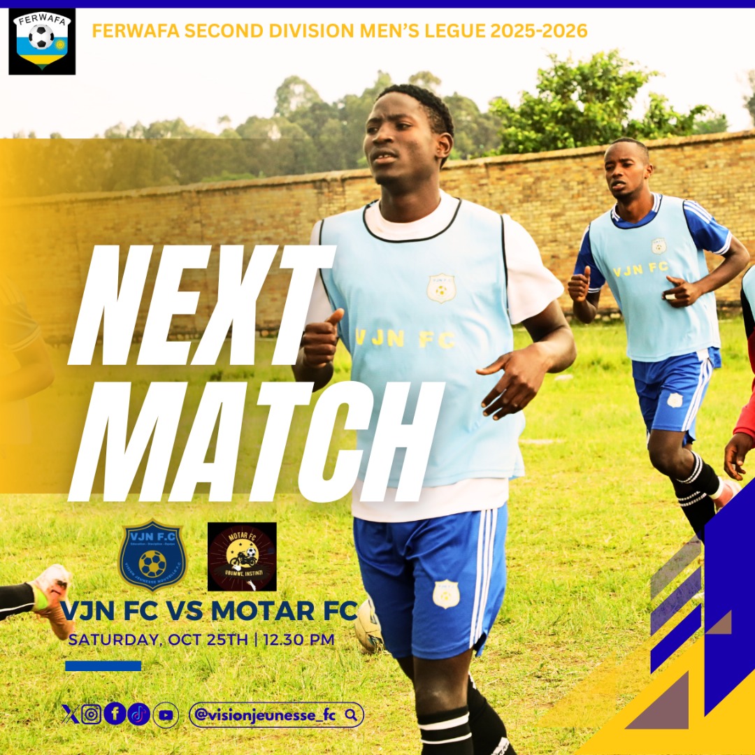 We back home 
VJN FC vs MOTAR FC 
this Saturday @ UMUGANDA Stadium 12h30' don't Miss