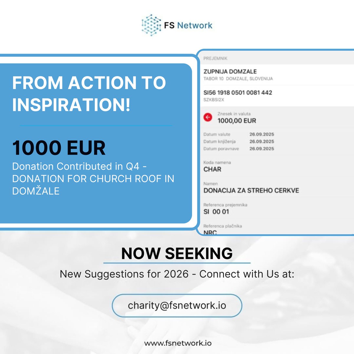 fsnetworkio's tweet image. 🏛️ Proud to support the Domžale church renovation with a €1,000 donation.
Preserving heritage, strengthening community. 💛
#FSNetwork #CommunitySupport #GivingBack