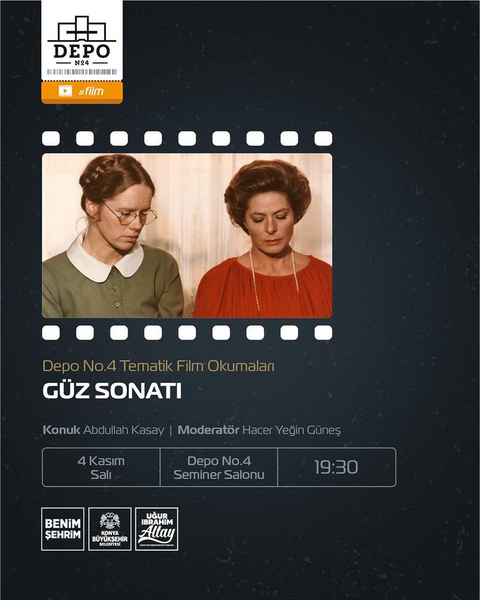 🎬 Depo No.4 Tematik Film Okumaları
GÜZ SONATI – Ingmar Bergman

🎙️ Moderatör: Hacer Yeğin Güneş
📍 Yer: Depo No.4 Seminer Salonu
📅 Tarih: 4 Kasım Salı
🕢 Saat: 19.30

Bergman sinemasının insan ruhuna tuttuğu aynayı birlikte seyretmek üzere davetlisiniz.

#DepoNo4