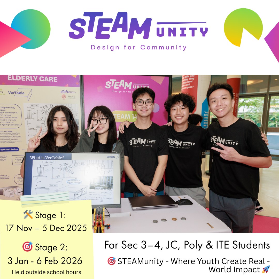 sutdsg's tweet image. Looking to give your child a head start in innovation &amp;amp; design? STEAMunity is a fully-funded youth programme by SUTD and Science Centre Singapore. Solve real-world challenges with STEAM, AI and Design Thinking. 

🔗Register now:
bit.ly/SUTD_STEAMunity

#SUTDDesignAI #STEAMunity