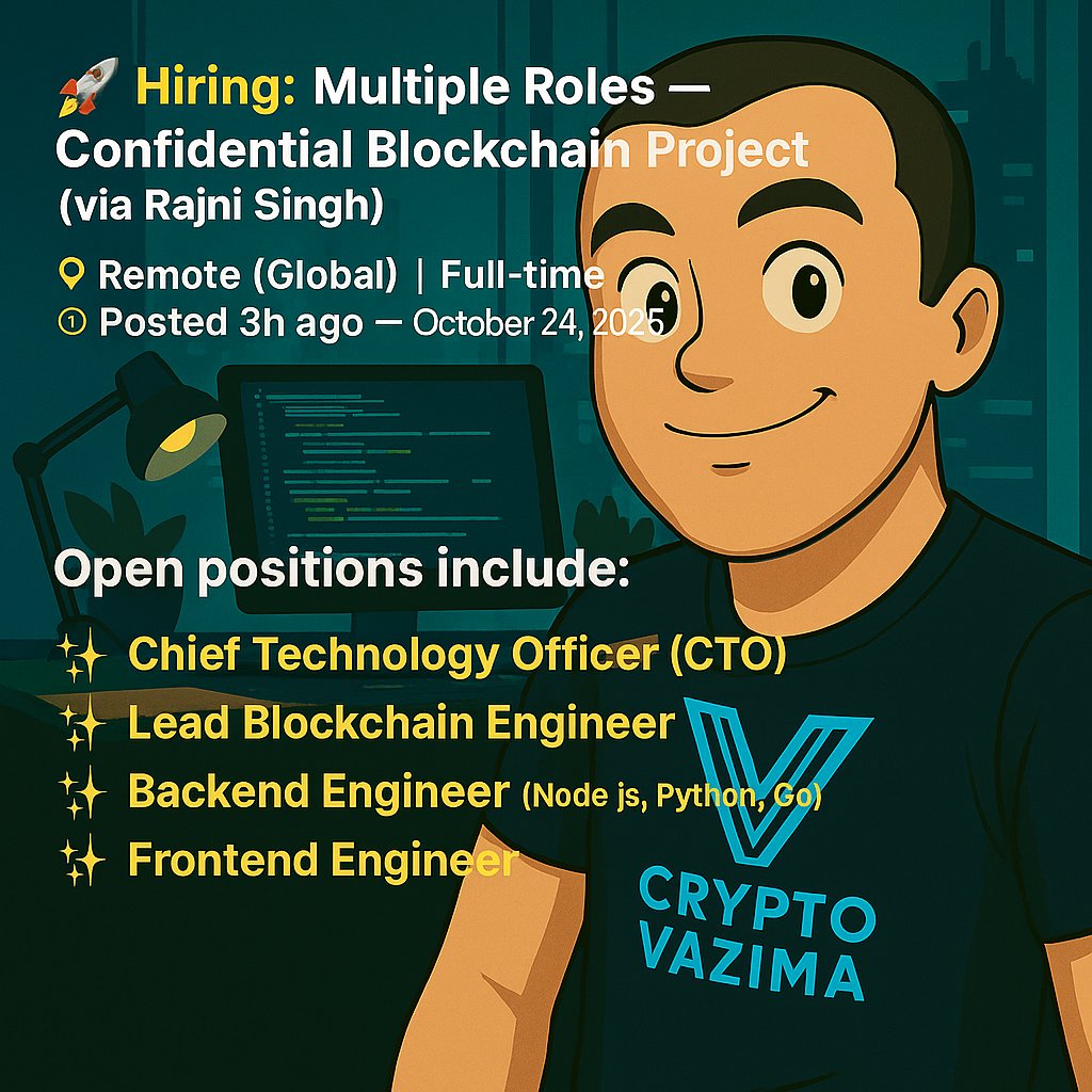 crypto_vazima's tweet image. 🚀 Hiring: CTO, Blockchain Engineers, Backend &amp; Frontend Devs — via Rajni Singh
📍 Remote (Global) | 💼 Full-time | 🧑💻 Blockchain • Crypto • Web3
A fast-scaling team in the Blockchain &amp; Crypto sector is growing!
They’re looking for passionate professionals to help shape the…