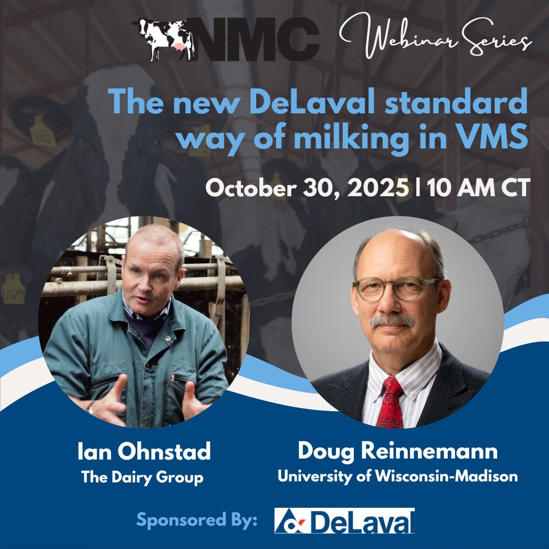 🖥️NMC Webinar Series - October 30, 10 AM CT (Chicago time)

✅The new <a href="/DeLaval/">DeLaval</a> standard way of milking in VMS (voluntary milking system)
✅Doug Reinnemann, <a href="/Animal_DairySci/">UW Animal & Dairy Sciences</a> and Ian Ohnstad, The Dairy Group
✅Register: bit.ly/3L4cx5A

#NMC #Webinar