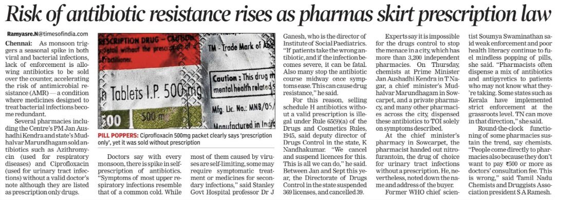 A TOl check found three pharmacies: a PM's Jan Aushadhi Kendra (T Nagar), a CM's Mudhalvar Marundhagam (Sowcarpet) and a Private Pharmacy (Alwarpet), selling Schedule H prescription-only antibiotics freely. Although an age-old tradition, Antibiotics such as Amoxicillin,