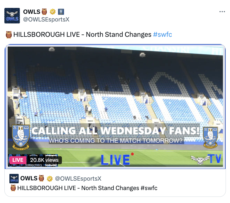 20,000 people were watching the livestream of the Chansiri name being removed from the North Stand. 

Wednesday fans slowly getting their club back 🦉