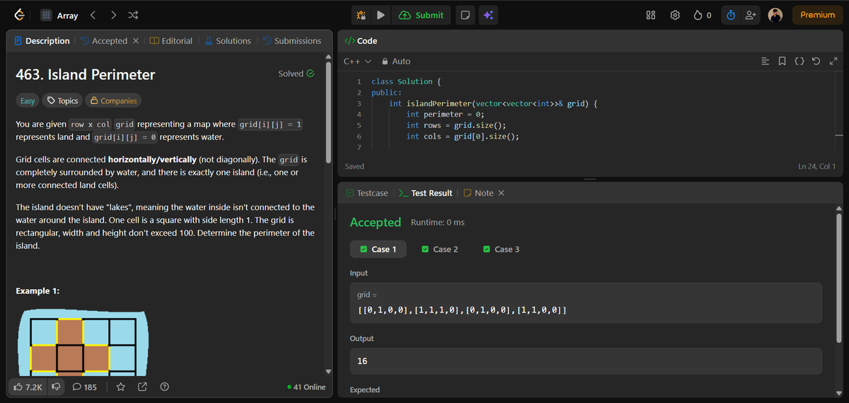 eklavyaasingh's tweet image. 🚀 Day 32 of #100DaysOfCode
✅ Solved LeetCode 463 – Island Perimeter 

Counted 4 sides for each land cell and subtracted 2 for every shared edge — neat and clean approach!
O(m×n) |  O(1)

leetcode: leetcode.com/u/eklavyaasingh

#LeetCode #Cplusplus #Coding #DSA #CodeWithEklavya