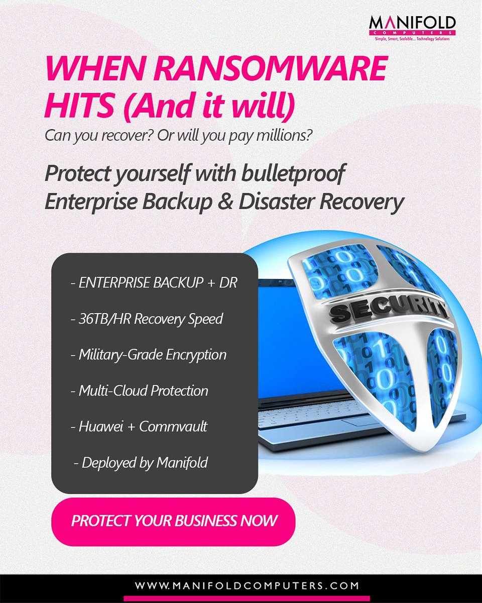 Manifold_MEA's tweet image. You can’t stop every attack — but you can survive it.

Enterprise Backup &amp;amp; DR
⚡ Ransomware-proof
⚡ 36TB/hr recovery
⚡ AES-256 + zero trust
⚡ Works on-prem, AWS, Azure

Powered by Huawei + Commvault + Manifold (24+ yrs expertise).

Comment “PROTECTED” or DM to start.