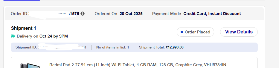 AgnosticAtma's tweet photo. @RelianceDigital Placed and order on 20th Oct, fully paid, still showing in placed status ONLY and havent moved at all. Please help resolve this at the earliest OR refund my money. #reliancedigital #Reliance https://t.co/uim9Jr67ub