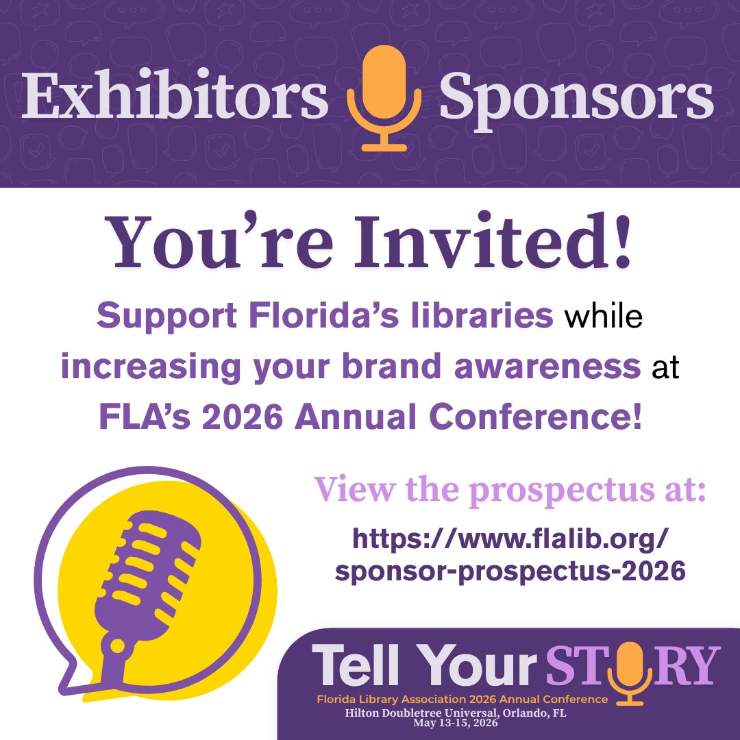 Calling all exhibitors &amp; sponsors! We'd love to have you join us and support the 2026 FLA Annual Conference! 
Click the link to see our full list of sponsorship &amp; exhibitor opportunities and get signed up today: loom.ly/uUJb2xQ 
#TellYourStory #FloridaLibraries #FLACON26