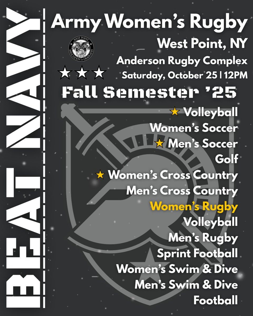 WPAOG's tweet photo. Tomorrow marks the halfway point of the fall semester #StarSeries with a women's rugby matchup at home! ⭐ 🏉 

Come cheer for Army at the Anderson Rugby Complex at 12pm as your Black Knights look to extend their lead against Navy in the series (3-2-1). 💪 

#GoArmy #BeatNavy https://t.co/22JuiVsYov