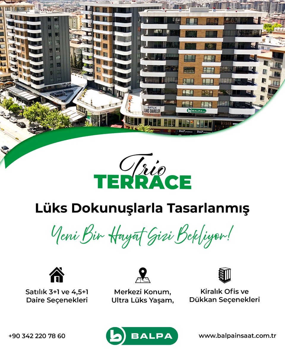 Gaziantep’in en prestijli semtlerinden biri olan Batıkent’te tamamlanan Trio Terrace projemizde hayallerinizin ötesinde bir yaşam sizi bekliyor!

#balpainsaat #trioterrace #gaziantepkonut #gaziantepkonutinşaatı #gaziantepdaire #gaziantepdaireler #modernkonut #modernkonutlar