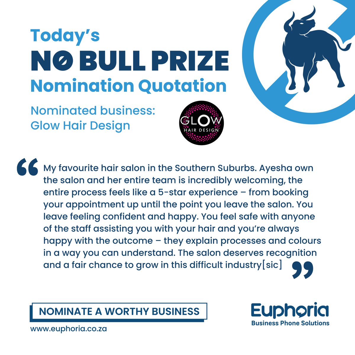 Spotlight on service that speaks for itself.
Every few days, we’ll share a No Bull Prize nomination — because when people say great things about great businesses, it deserves to be heard.
#nobullprize #EuphoriaTelecom