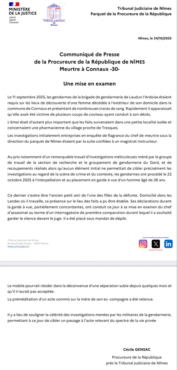 📣 Communiqué de presse
Meurtre à Connaux- interpellation- actualisation -