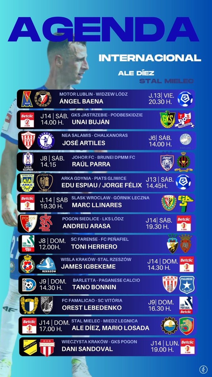 🌍 Los horarios de la jornada de nuestros internacionales.

🇵🇱 El <a href="/RTS_Widzew_Lodz/">Widzew Łódź</a> de <a href="/AngelBaenaPerez/">Angel Baena</a> es el primero en jugar.

#EmartSoccer #FamiliaEmartSoccer #Poland #Ekstraklasa #Portugal #Malasia #Cyprus #Italy