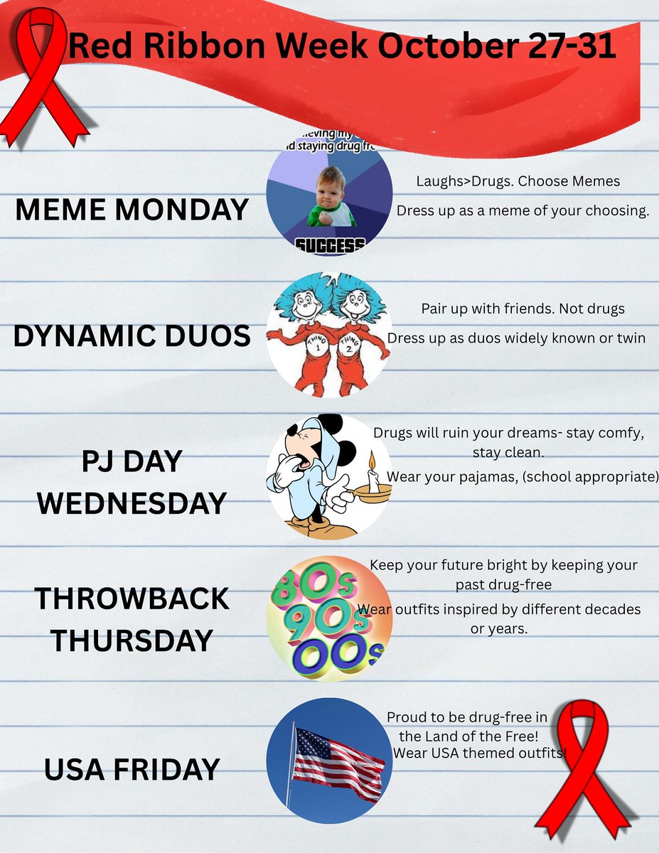 Join us in celebrating Red Ribbon Week with some fun daily dress up theme’s next week‼️

#BetterTogether #OurPrideOurSuccess