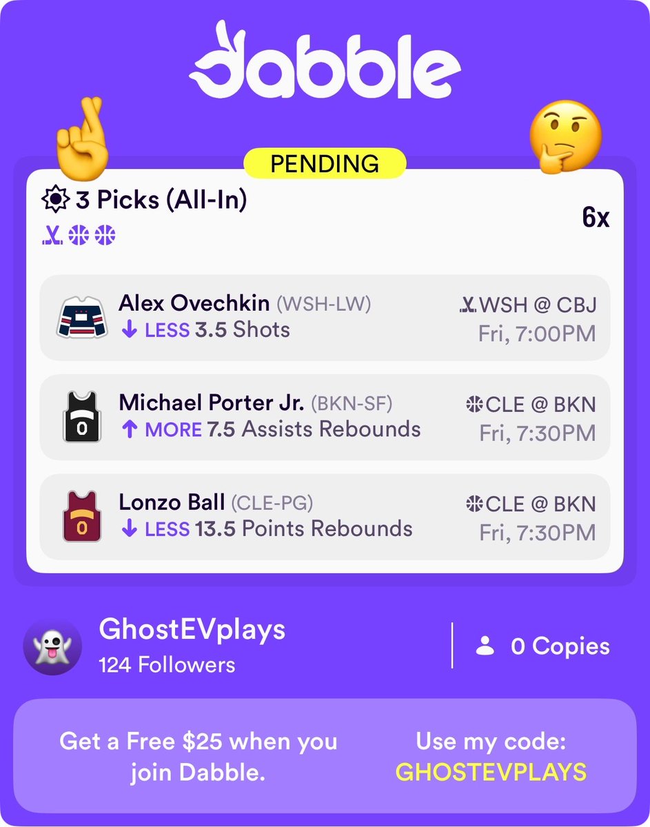 GhostEVplays's tweet image. 🏀 Dabble +EV Play
🏒 +500 (FV +411.84)
+EV: 17.24%
Playing: 0.45 Units
#dabble #sports #nba #nhl