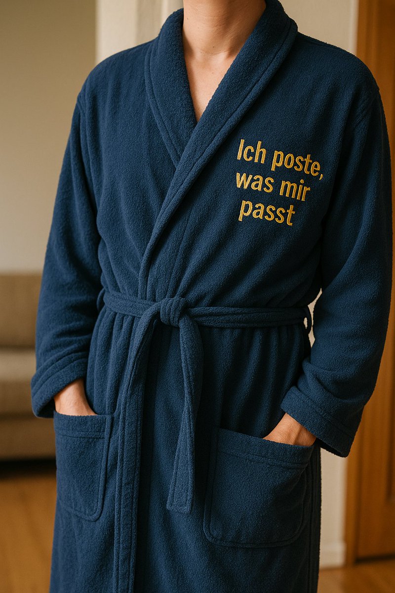 Wir brauchen Morgenmäntel mit gestickter Aufschrift: