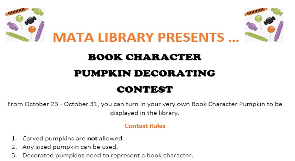 Mata_Library's tweet image. Mata Library&apos;s annual Book Character Pumpkin Decorating Contest is happening now! @mataeagles @FamilyCMata @Alief_Libraries #matareads