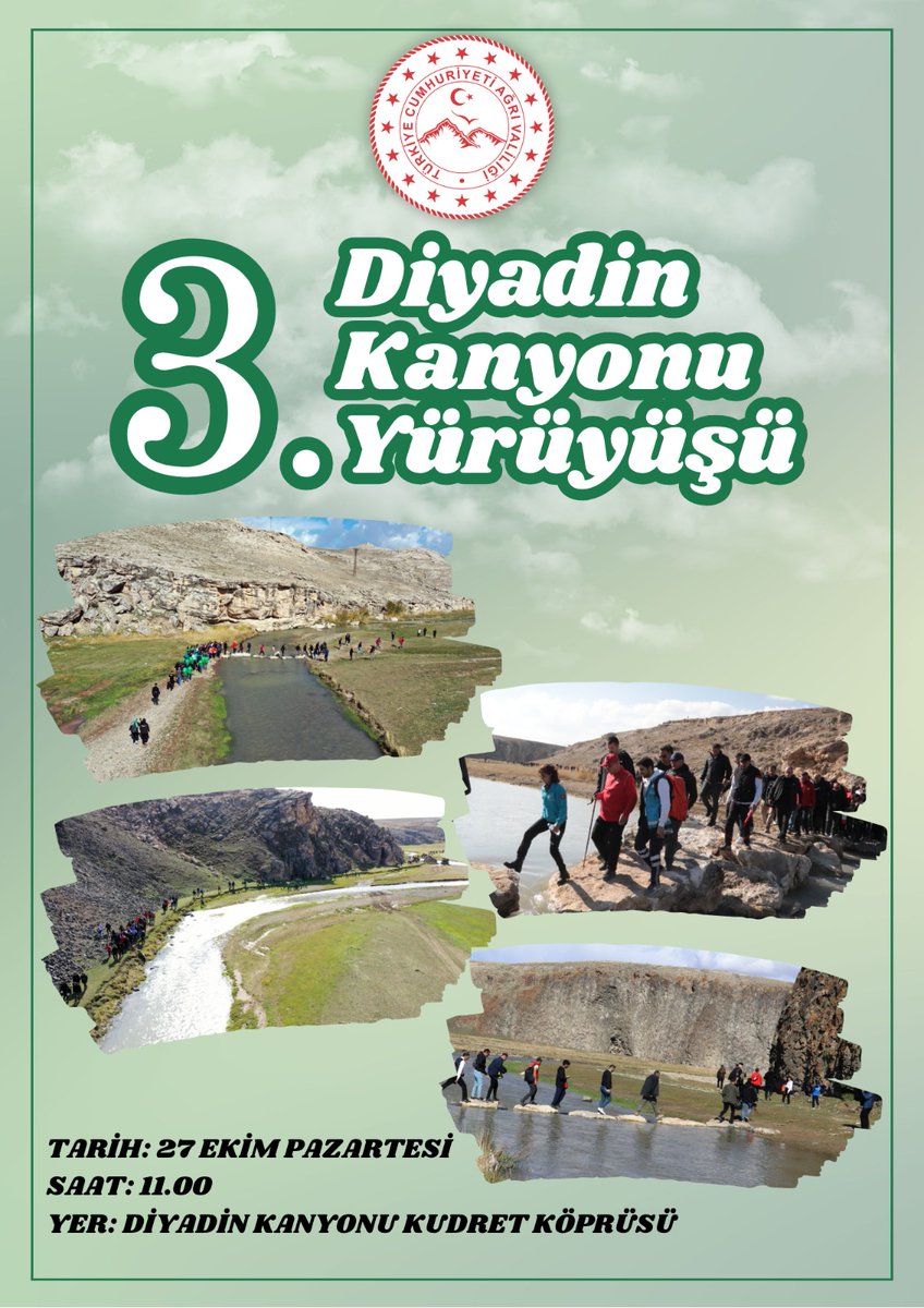 Anadolu'nun Gizli Cennetine Yolculuk Başlıyor 🇹🇷

Eşsiz doğası, büyüleyici manzarası ve huzur dolu atmosferiyle, Anadolu’nun gizli cennetlerinden biri olan Diyadin Kanyonu’nda, doğayla iç içe unutulmaz bir gün geçirmek isteyen tüm vatandaşlarımızı Diyadin Kanyonu Yürüyüşü’ne