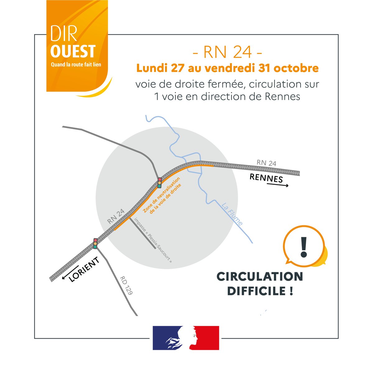 #Travaux 🚧| A partir de lundi 8h, la voie de droite de la RN24 vers #Rennes sera fermée à la circulation 24h/24, entre la RD129 et la zone d’activité de la route de Lorient, sur la commune du Rheu
⚠️De fortes perturbations de circulation sont à prévoir
diro.fr