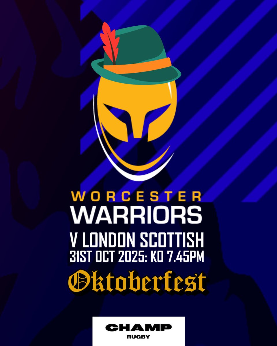 WorcsWarriors's tweet photo. Oktoberfest Announced for Warriors v London Scottish!
Fri 31 Oct: KO 7.45pm

Our next home night under the lights is getting the Oktoberfest treatment. When we take on London Scottish at Sixways next week, you can expect:

🍺 Bavarian-style street food and drink selections
🎺 Live festival-style entertainment with an Oompah Band
🎉 A full matchday experience with a twist

More details to be revealed in the coming days, but tickets are going fast. Don’t wait, secure your seats now! https://t.co/tLiLkRX8jQ

#COYW #ChampRugby #Oktoberfest