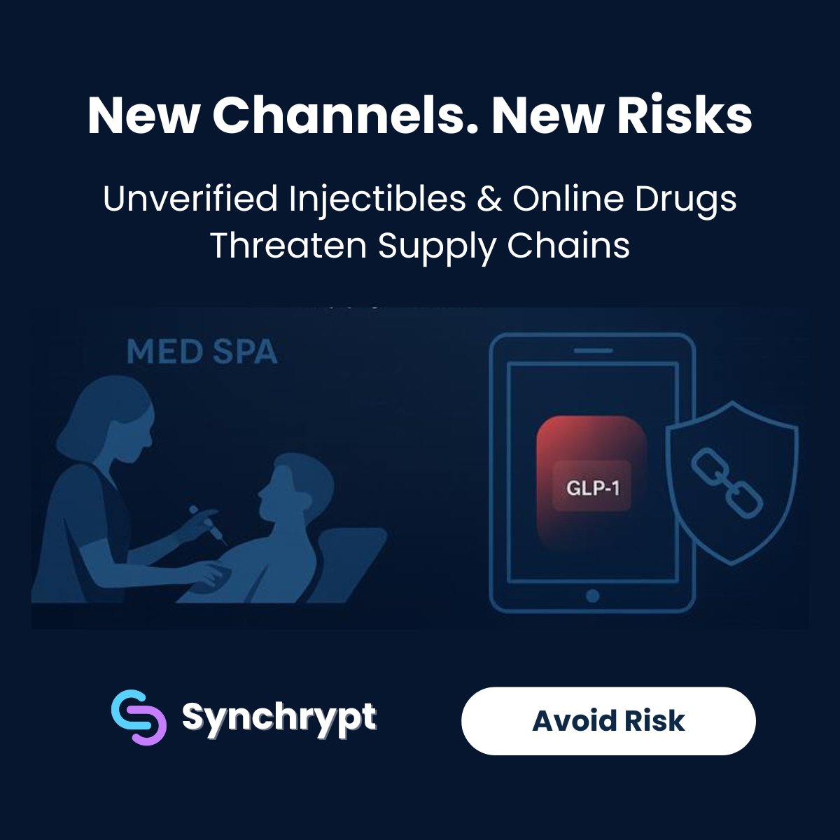 Synchrypt's tweet image. A JAMA study and new documentary expose serious threats—from unregulated IV therapies at med spas to counterfeit GLP-1 drugs flooding online. 
Your health deserves only safe, verified medicines.

#SafeMedicines #CounterfeitAlert #healthrisks #drugintegrity #synchrypt