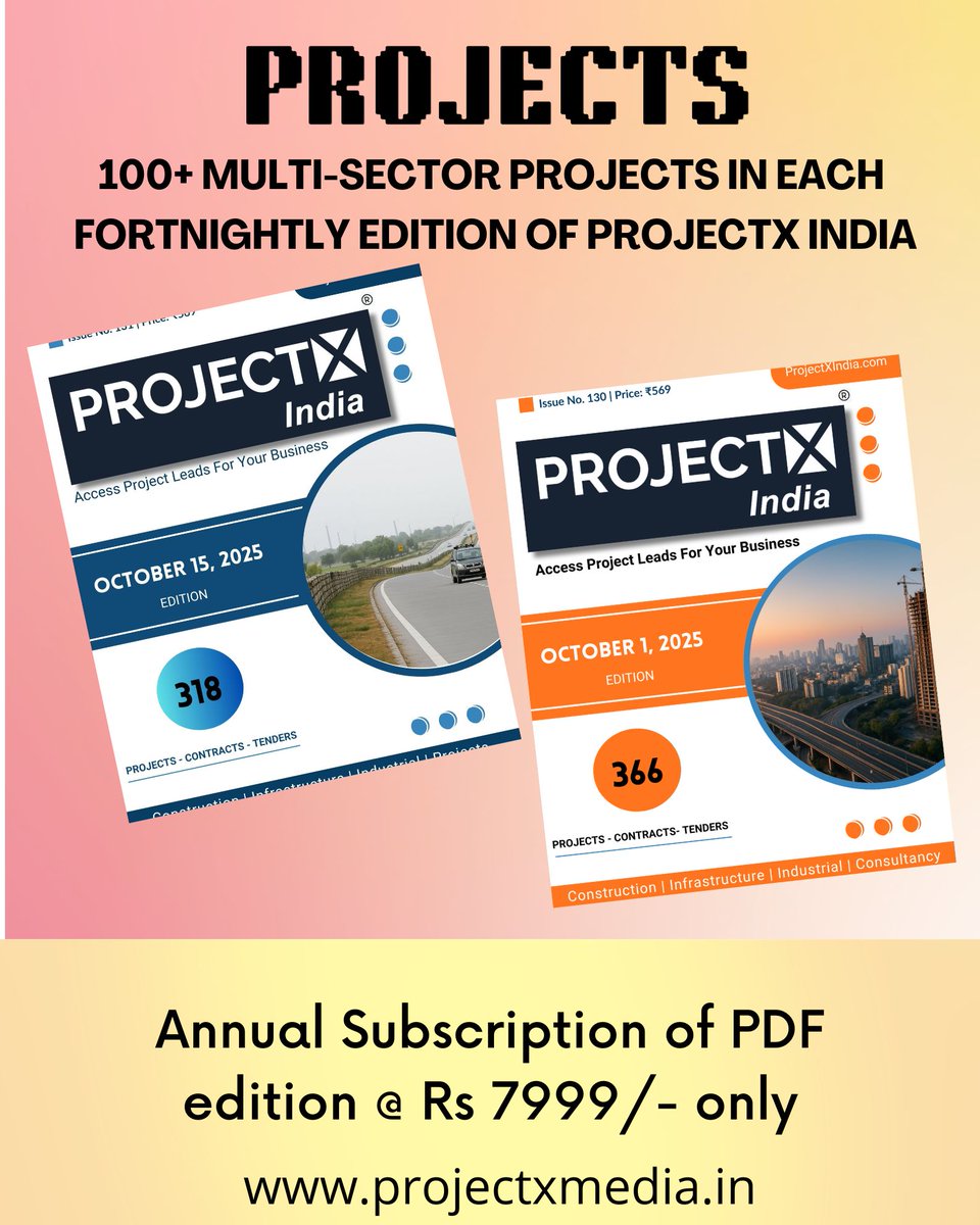 b2bprojects's tweet image. 💼 Get Ahead with 100+ Verified Project Leads – Only ₹569!
Explore India’s top construction, infrastructure, and industrial opportunities this month.
📘 Download Now: projectxmedia.in
#NewProjects #InfrastructureProjects @Get2knowIndia
