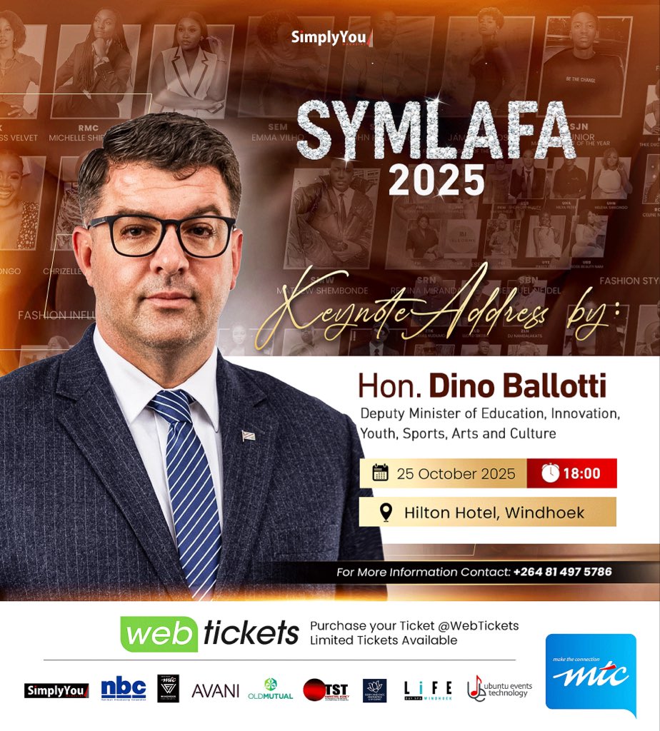 The voice of leadership meets the heart of creativity. 💎We’re proud to announce 𝐇𝐨𝐧. 𝐃𝐢𝐧𝐨 𝐁𝐚𝐥𝐥𝐨𝐭𝐭𝐢 as the 𝐊𝐞𝐲𝐧𝐨𝐭𝐞 𝐒𝐩𝐞𝐚𝐤𝐞𝐫 #SYMLAFA2025 a night that celebrates the brilliance and beauty of Namibian talent. 🇳🇦

#WeCelebrateYou #BlackTieAndDiamonds