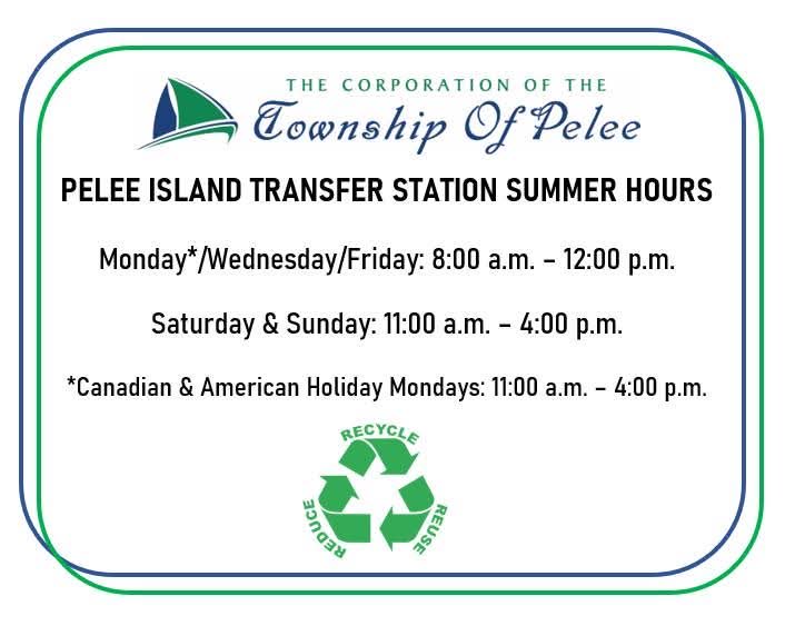 Help keep our community clean ♻️

Looking to dispose of waste while on Pelee? 

The Transfer Station is located on McCormick Rd, open 5 days a week. Recycling is free, garbage $4.50/bag

Any contravention of the waste diversion by-law may result in a fine up to $2,000, BL 2011-34