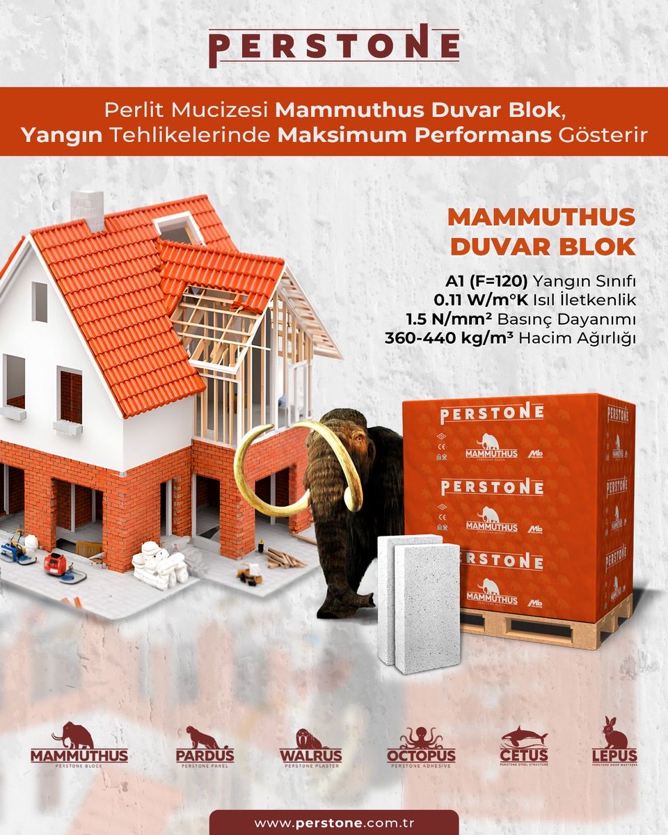 Perstone Mammuthus Duvar Blok, üstün performansına sahip olup 0.11 W/m°K ısı iletkenliği, 1.5 N/mm² basınç dayanımı, 360-440 kg/m³ hacim ağırlığı ve A1 (F=120) yangın sınıfına sahiptir.

#perstone #inper #yalıtım #perlit #yalıtımmalzemesi #yalıtımmalzemeleri #yalıtımsıvası