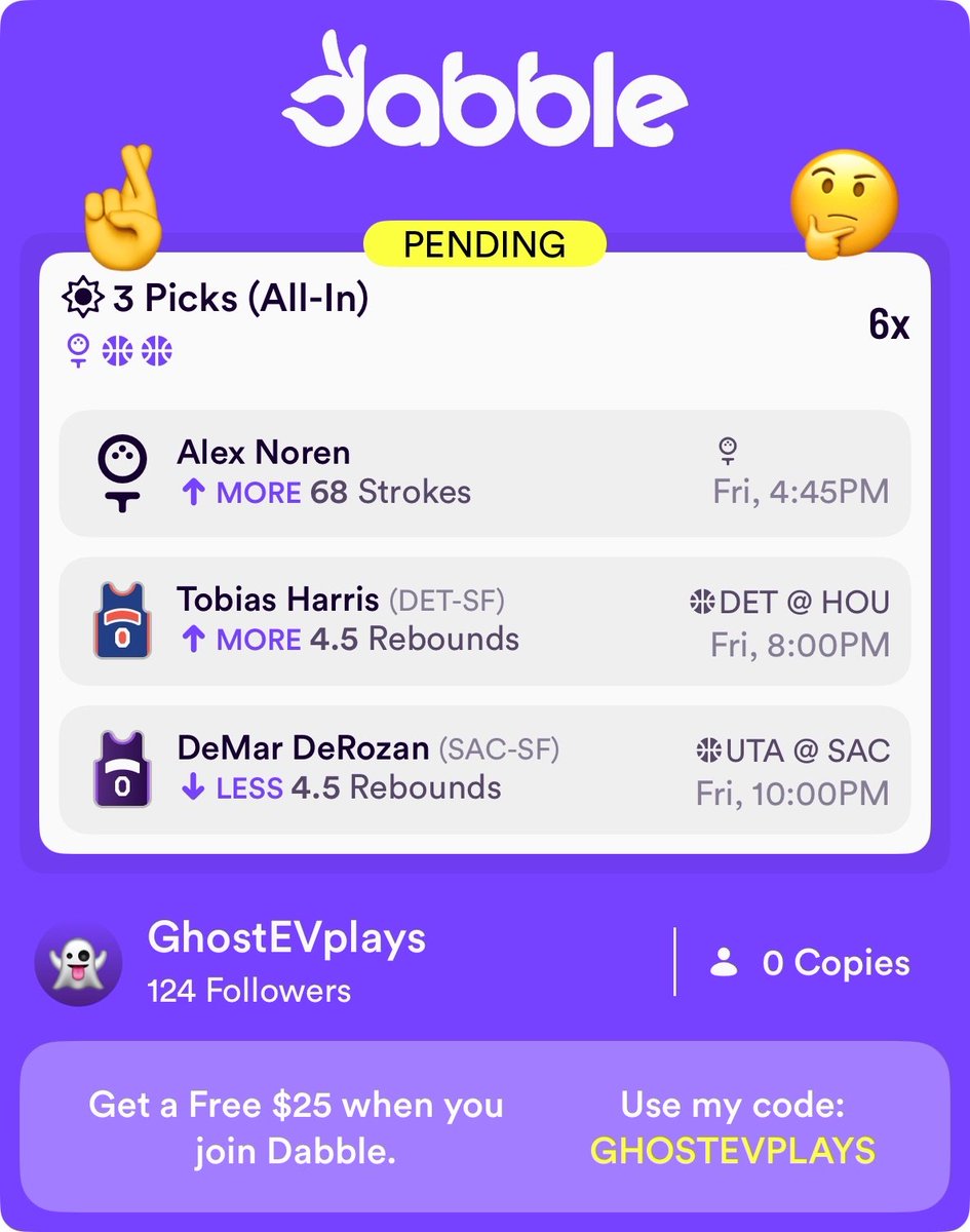 GhostEVplays's tweet image. 🏀 Dabble +EV Play
⛳️ +500 (FV +460.38)
+EV: 7.10%
Playing: 0.17 Units
#dabble #sports #golf #nba
