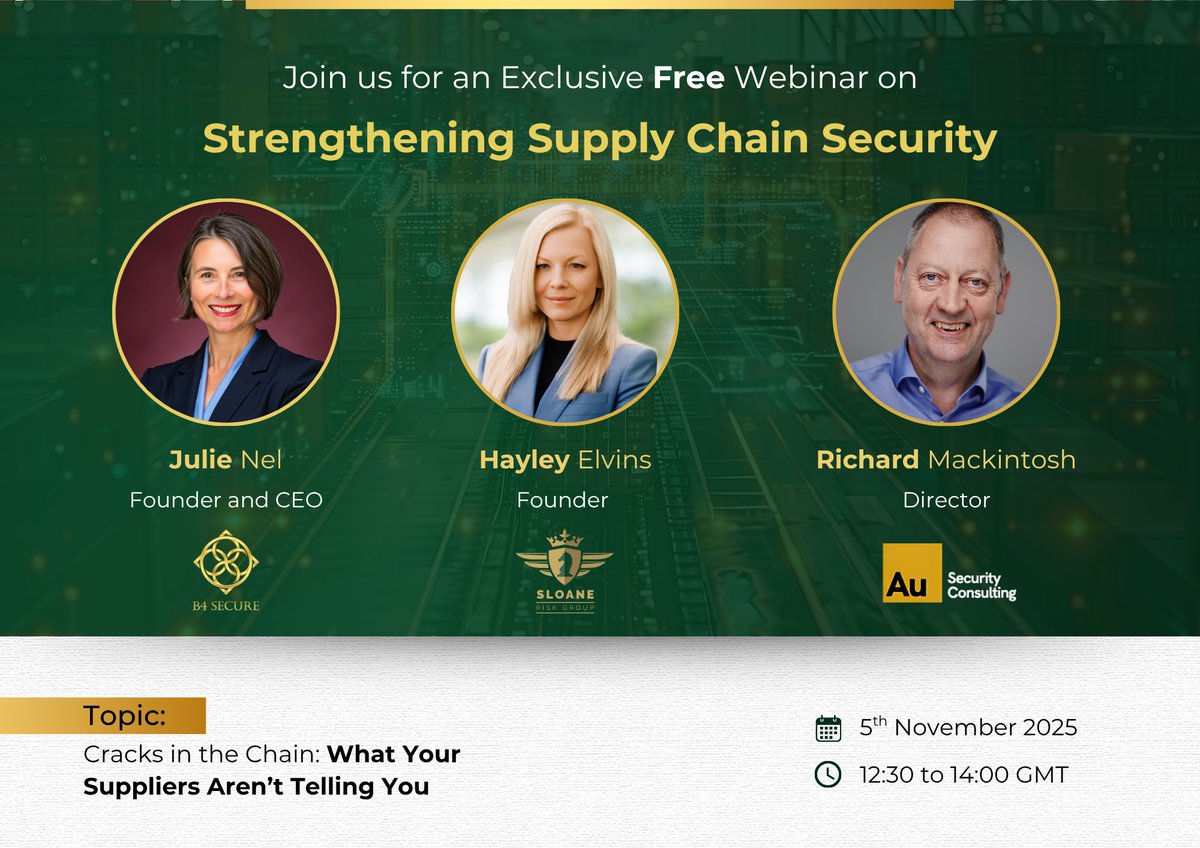 B4Secure's tweet photo. Today’s #supplychains are more complex than ever, &amp; assumptions alone will not protect you from #hiddenvulnerabilities.

Hear from experts #JulieNel, #HayleyElvins, &amp; #RichardMackintosh as they share their #insights &amp; advice.

Register now - https://t.co/GbtUhFH6Da. https://t.co/0yatvyGIqk