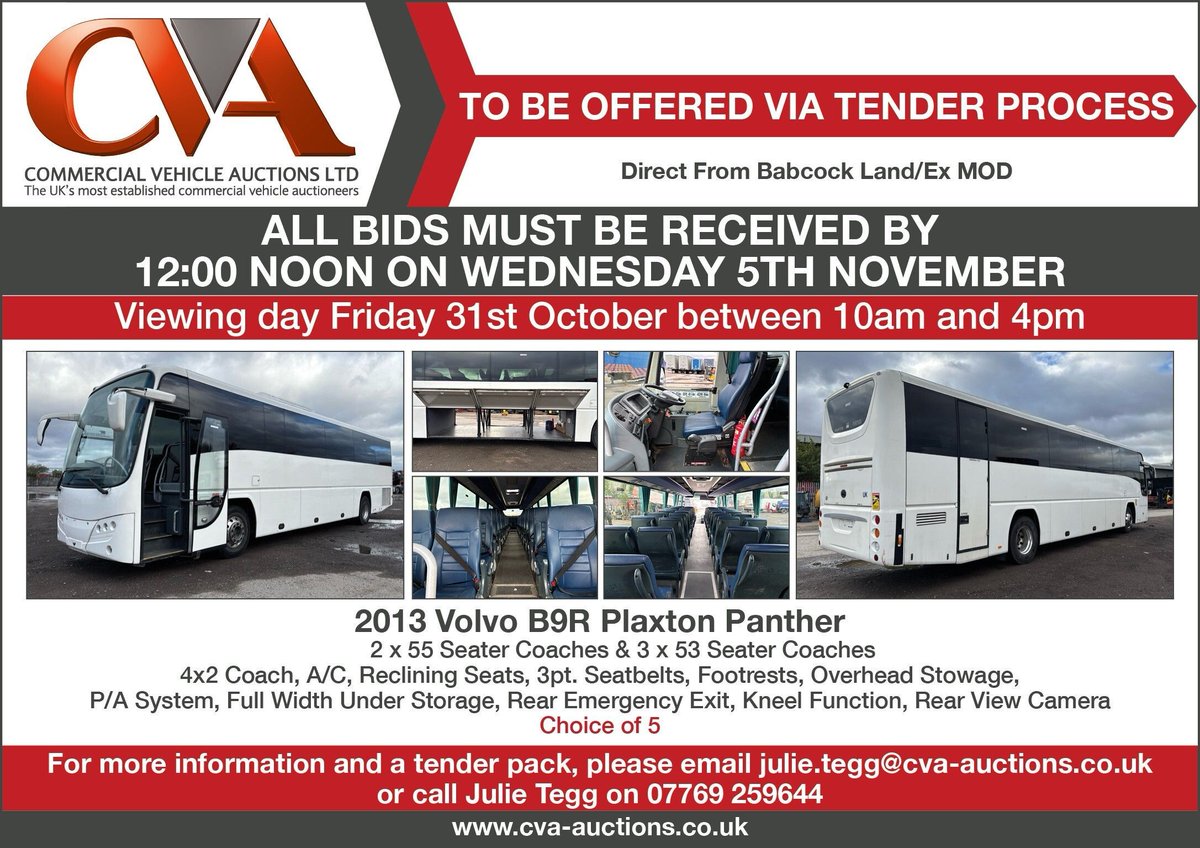 🎆✨ COACH TENDER ✨🎆

5 coaches up for auction via Sealed Bid Tender! 🚌💥

🕛 Bids Close: 12:00 noon, Wednesday 5th November
👀 View Day: Friday 31st October, 10am–4pm

📧Tender Pack: Julie.tegg@cva-auctions.co.uk
📲 07769 259644
#Plaxton #CoachForSale #UsedCoach #CoachAuction