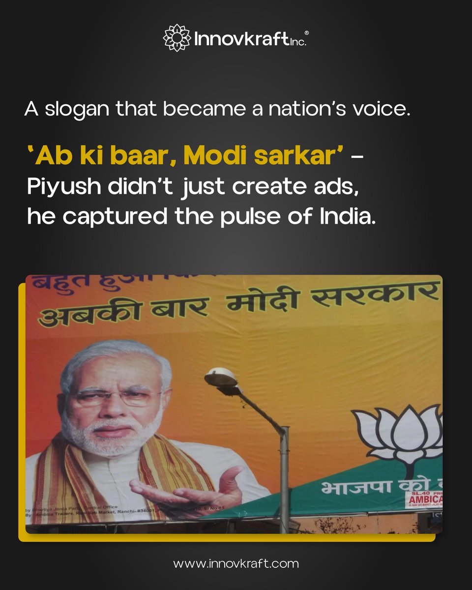 InnovKraft's tweet photo. We pay tribute to Piyush Pandey, the visionary who transformed Indian advertising into a cultural narrative. His campaigns, from “Ab ki baar, Modi sarkar” to “Kuch Khaas Hai” resonated with authenticity and emotion, reflecting the soul of India. 
#piyushpandeytribute https://t.co/t5A0Ybo9lH