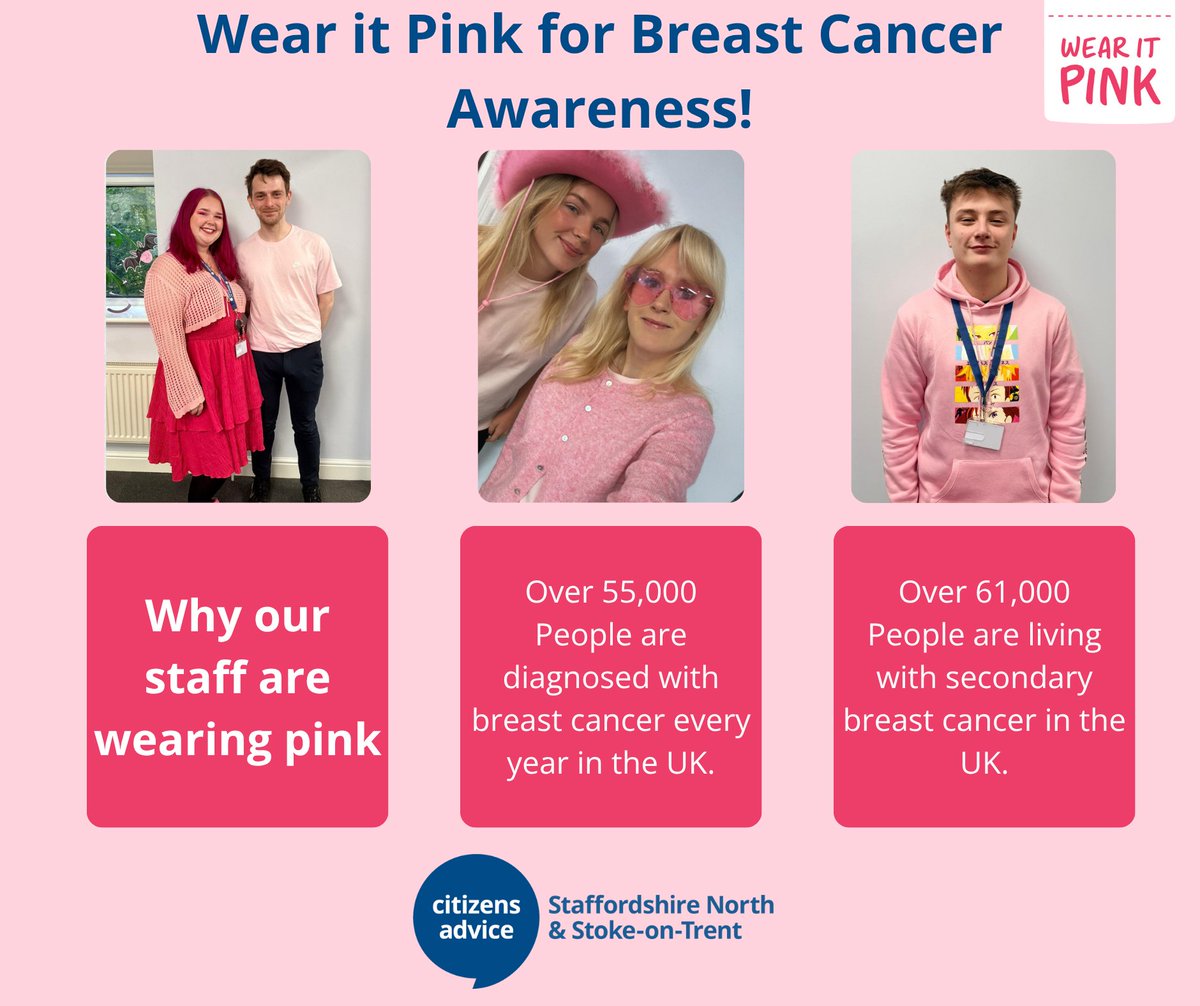 Citizens Advice Staffs North & S-oT (@sns_cab) on Twitter photo Today and this week our staff are pink in support of the #WearItPink campaign by <a href="/BreastCancerNow/">Breast Cancer Now</a>, a leading breast cancer research and support charity. 
Today is about raising awareness for breast cancer and supporting research to live in a world free from breast cancer. Today and this week our staff are pink in support of the #WearItPink campaign by <a href="/BreastCancerNow/">Breast Cancer Now</a>, a leading breast cancer research and support charity. 
Today is about raising awareness for breast cancer and supporting research to live in a world free from breast cancer.