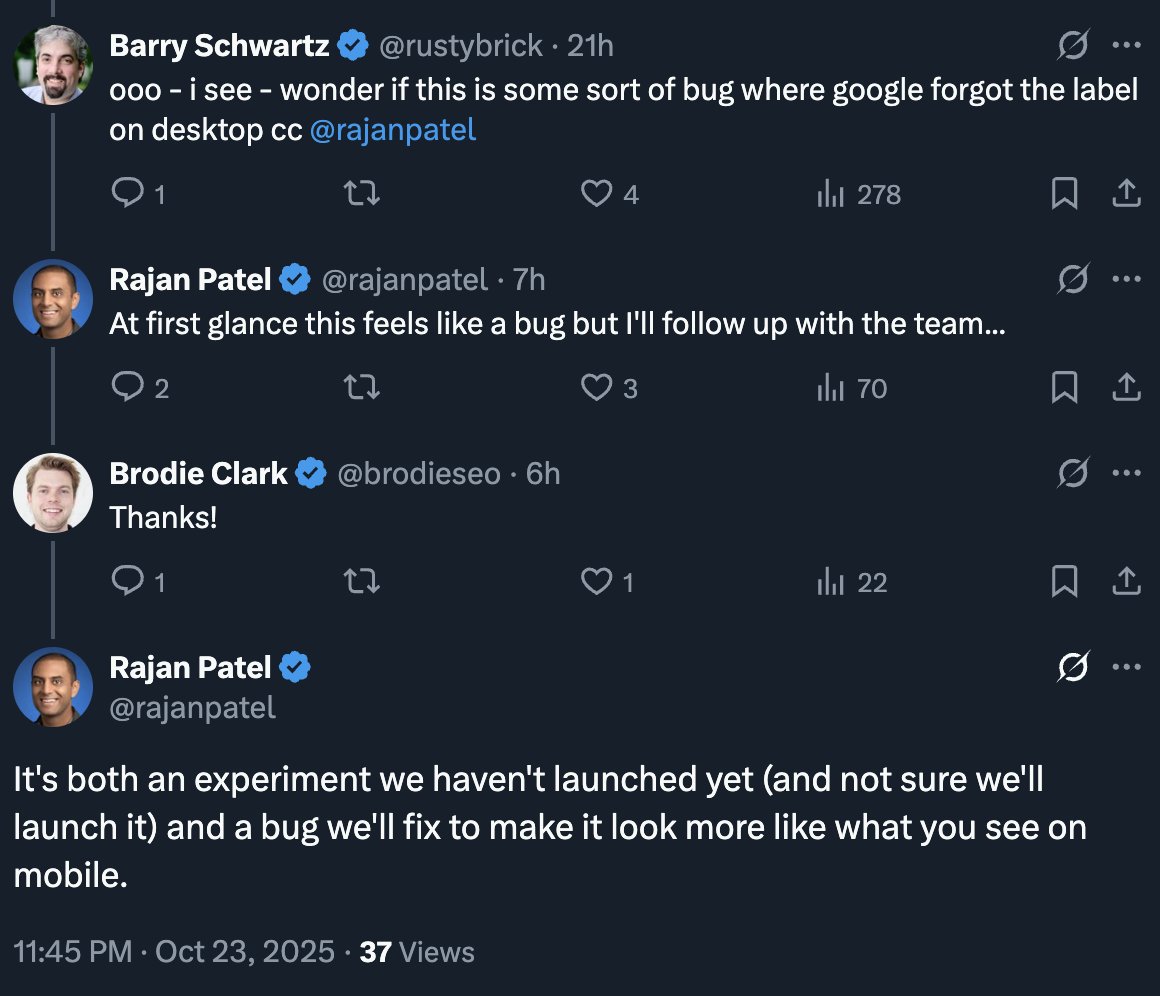 rustybrick's tweet image. Google is testing AI-generated descriptions for search result snippets WITHOUT AI-labels - Google&apos;s @rajanpatel confirms the missing label is a bug and overall this is an experiment  seroundtable.com/google-ai-gene… via @brodieseo