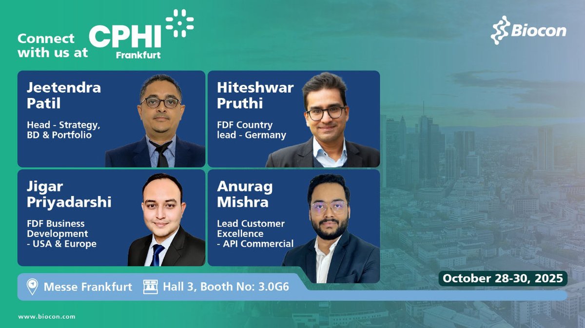 #Biocon at #CPHIFrankfurt: We are excited to discuss our product portfolio and explore potential partnerships. Don’t miss the chance to visit us at booth number 3.0G6!
 
To book a meeting, write to us at:
For API: contactus.API@biocon.com
For Generic Formulations: