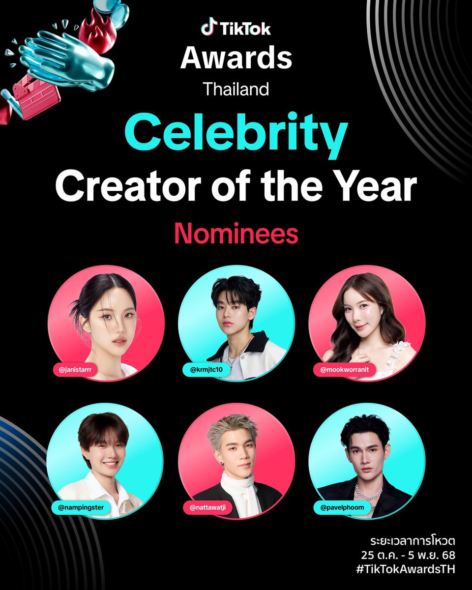 The100ChannelT1's tweet image. เคาะแล้ว! TikTok  🎉📱✨
เปิดโผผู้เข้าชิงรางวัล TikTok Awards 2025
#TikTokAwardsTH #NewIcon 
 และ ลุ้นไปพร้อมกันผ่านไลฟ์สดในวันที่ 8 พฤศจิกายนนี้ ทางบัญชีทางการ TikTok: @TikTokTH 

ดูรายชื่อผู้เข้าชิงรางวัล Creator of the Year 👑 TikTok Awards Thailand 2025 ในภาพ และ…