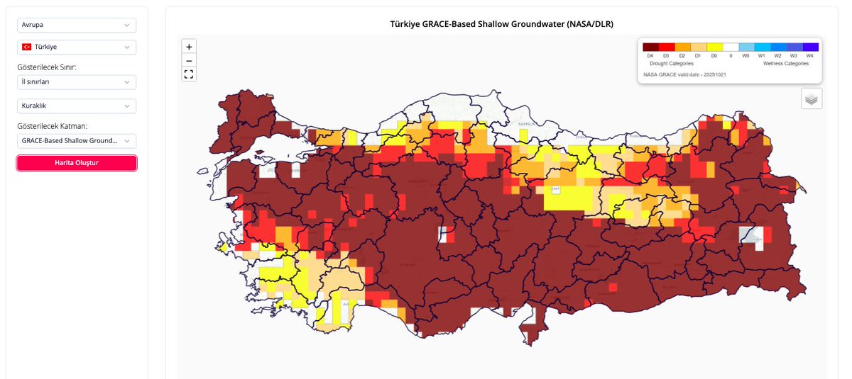 🇹🇷 GRACE Tabanlı Sığ Yeraltı Suyu Kuraklık Göstergesi

📌 21 Ekim 2025 itibarıyla Türkiye’de sığ yeraltı suyu stoklarının geniş bir alanda ciddi eksilme gösterdiğini ortaya koyuyor. 

⚠️ İç Anadolu ve çevresi, trakya ile ülkenin güneydoğusunun iç kesimleri haritanın en koyu