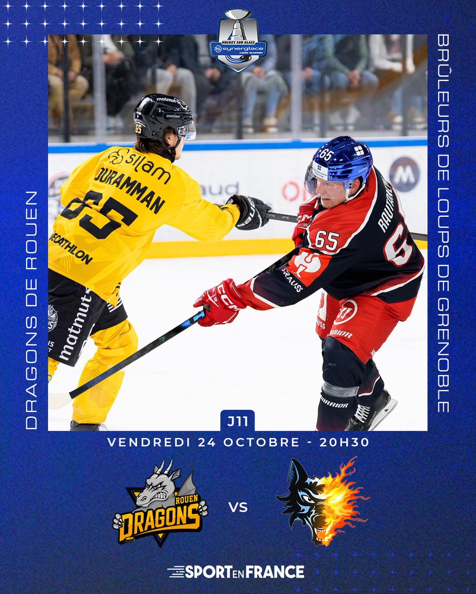 𝑺𝒐𝒓𝒕𝒆𝒛 𝒍𝒆𝒔 𝒑𝒐𝒑-𝒄𝒐𝒓𝒏𝒔 🍿🔥

Rouen affronte Grenoble pour la 11ème journée de championnat. C’est LE choc de la <a href="/LigueMagnus/">Synerglace Ligue Magnus</a> ! 💥

<a href="/DragonsdeRouen/">Dragons de Rouen</a> 🆚 <a href="/bruleursdeloups/">Brûleurs De Loups</a> 
📅 Vendredi 24 octobre
⌚️ 20h30

#VendrediHockey #LaChainedeTousLesSports